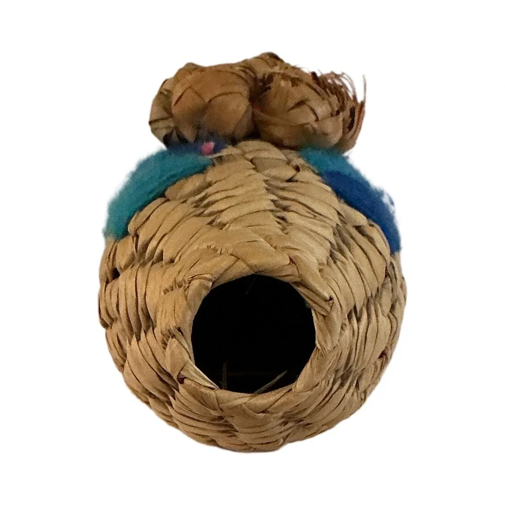 Vintage Woven Straw Bottle Cover Folk Art Blue Yarn‎ Grapes Decorative Decanter